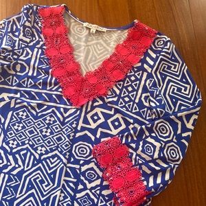 Joy Joy LIKE NEW Abstract Blue & White Mid-Sheath Dress - Sz Small